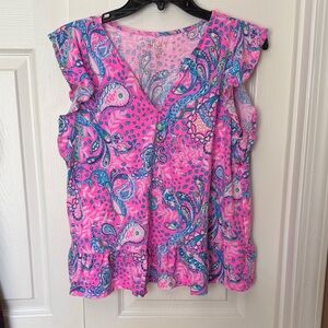 Lilly Pulitzer Pink Paisley Ruffle Sleeve V-Neck Top